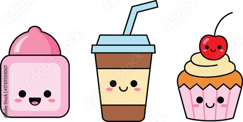 Kawaii desserts cute food illustrations sweet treats vector graphics
