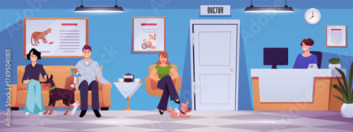 Vet clinic vector illustration, cartoon sick dogs and cats with the owners waiting for a veterinary doctor consultation