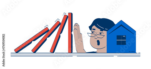 Real estate protection doodle illustration concept. Realty coverage. Property safety. Arab man stopping falling dominoes on home cartoon 2D character isolated on white. Hand drawn vector metaphor