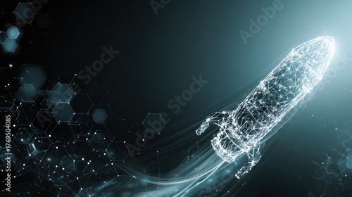 Abstract illustration of a digital rocket soaring upwards with a trail of particles in space