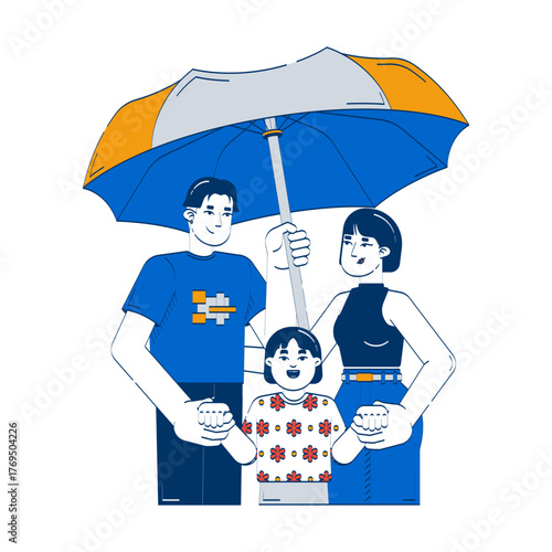 Family insurance protection and safety doodle illustration concept. Trusted coverage. Insured parents with child under umbrella cartoon 2D characters isolated on white. Hand drawn vector metaphor