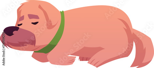 Wound dog lies tucking his paws under himself, cartoon sick brown puppy, hurt injured animal pet, vector flat veterinary