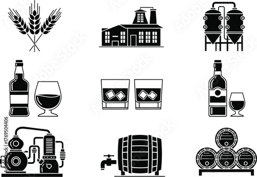 Whiskey production process distillery equipment vector illustration