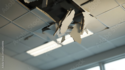 Damaged ceiling tiles reveal disrepair above, with exposed lighting adding stark contrast. A scene of neglect and needed repairs in an office space. The hole is a focal point.