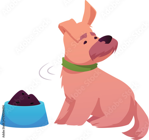 Cartoon puppy refusing food, unhealthy animal. Veterinary care.