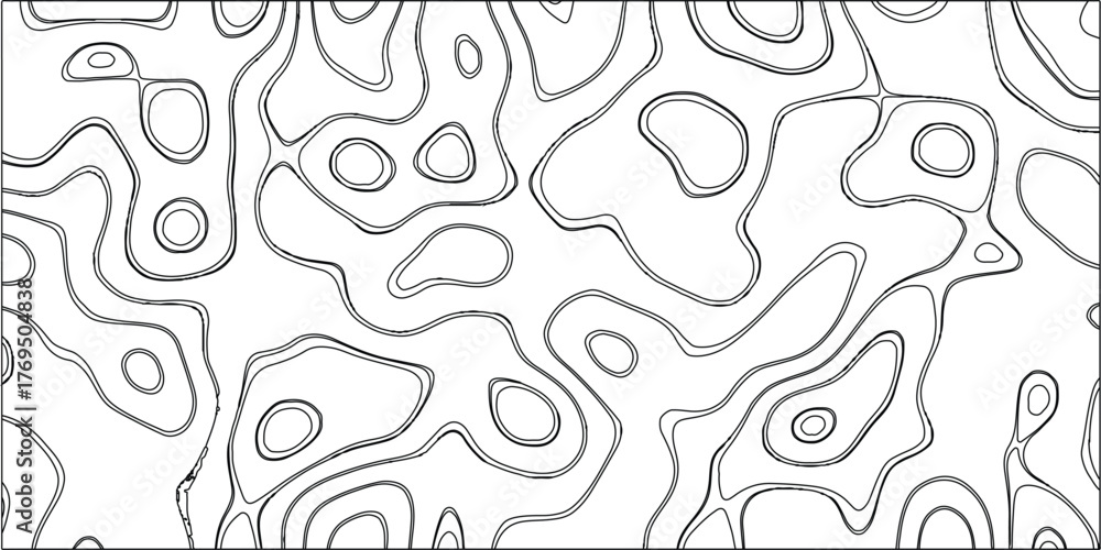 Fototapeta premium Black and white abstract organic contour lines creating a topographical map-like pattern on a white background