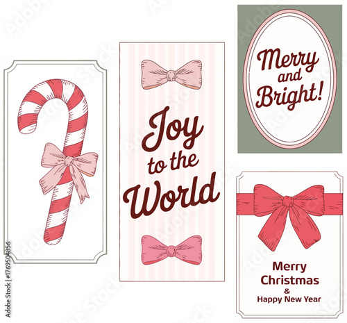 Joyful Christmas Greetings: Festive cards with charming candy cane and decorative bows.  