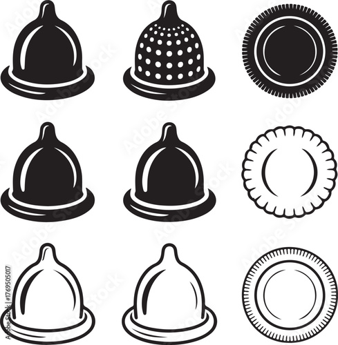 Set of nine detailed condom icons with transparent background collection protection