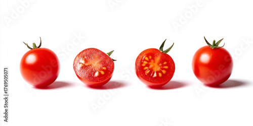 Fresh red tomatoes displayed on a white background with a cut tomato revealing seeds and pulp