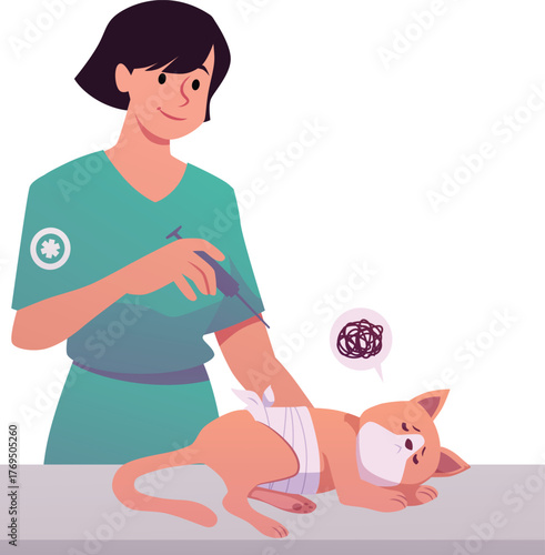Sick cat lies in Veterinary hospital, vector cartoon female doctor is giving the brown kitten an treatment injection