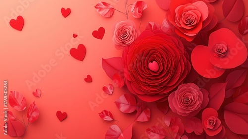 Flat Lay Paper Cut Art: Layered Red Coral Roses, Hearts, Minimalist 3D Craft Vector