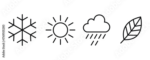 Weather line icon set.  four seasons line icon symbol. Snowflake, sun, cloud, leaf line icon. 