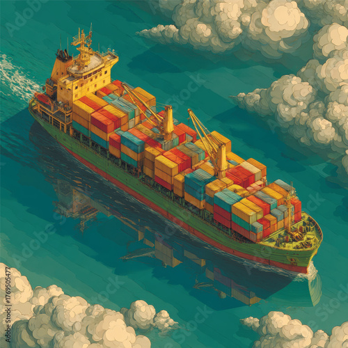 Artistic vector of a large cargo ship carrying colorful containers across the ocean under dramatic sky, representing global trade and maritime logistics. Vector illustration