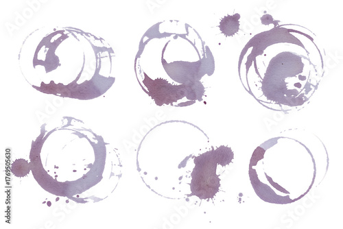 Wine stains and glass ring marks on white background. Real Red vine glass stains set. Artistic grape juice spill texture for food and drink design