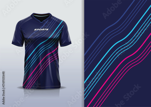 T-shirt mockup with curve lines sport jersey design for football, soccer, racing, esports, running, in blue pink color