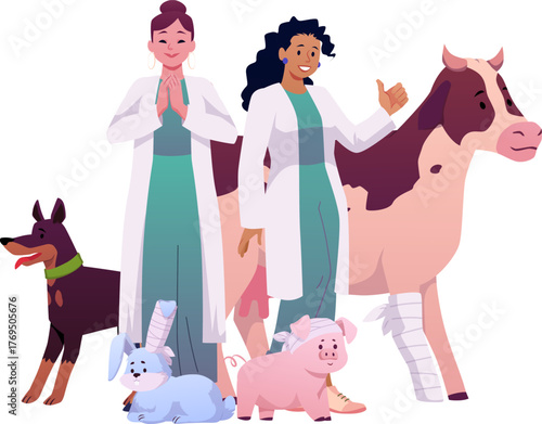 Veterinarian doctors with sick animals, vector wounded rabbit, dog, cow, pig and rabbit with bandage, Vet clinic