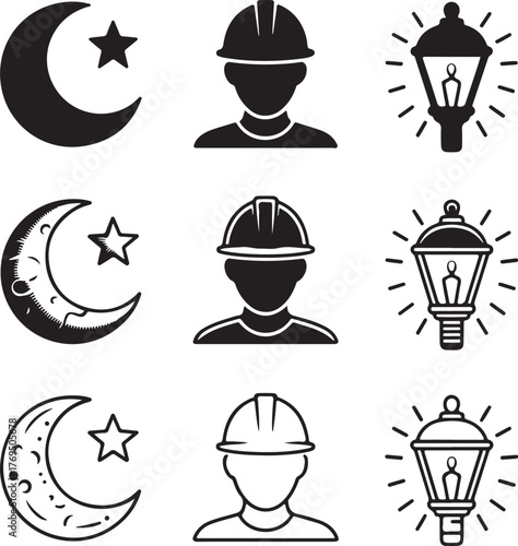 Nine Icons Representing Night Work Professions and Tools night worker icon construction worker