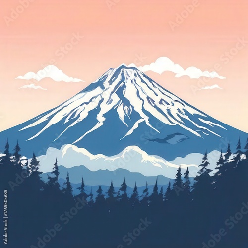 an AI Image Generator, Vibrant Mountain Landscape With Snow Peak, Forests,