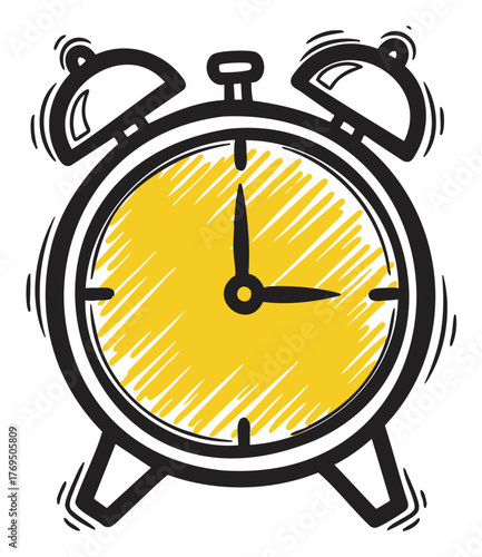 Black outline illustration of a classic twin-bell alarm clock with a yellow face and visible motion lines, indicating ringing.