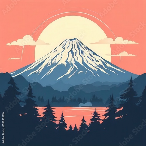 an AI Image Generator, Vibrant Mountain Landscape With Snow Peak, Forests,