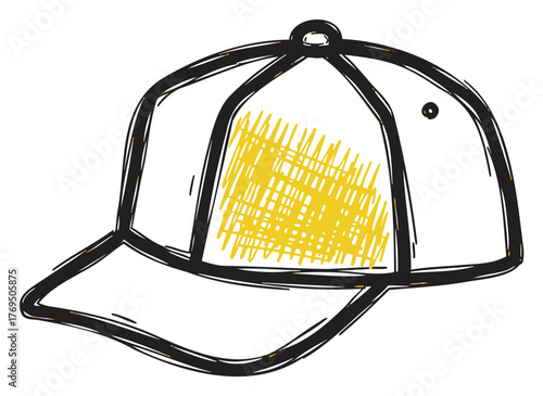Black and white sketch of a baseball cap with a yellow textured front panel. simple illustration highlighting sports and casual fashion.