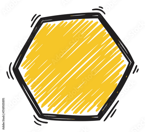 Yellow textured hexagon with a black outline and rough hand-drawn scribbles, conveying a playful and artistic design.