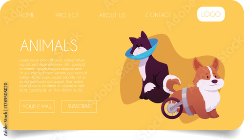 Website interface for sick animals, medical care, online store, veterinary clinic.