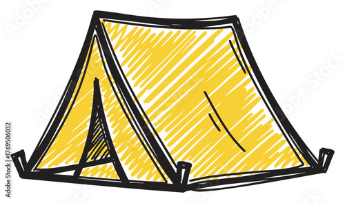 Hand-drawn style vector icon of a yellow triangular camping tent with a black outline, representing outdoor and adventure activities.