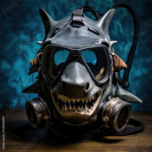 an AI Image Generator, Shark Mask With Diving Goggles And Gas Mask In Dark Studio Lighting, Futuristic Steampunk Style