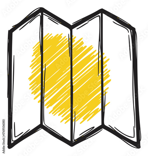 Simple sketch of a folded map with a bright yellow shaded area in the center.