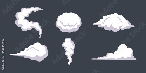 Set of cartoon clouds. Cartoon smoke clouds. Comic smoke flows, dust, smog and smoke steaming cloud silhouettes isolated vector illustration set. 