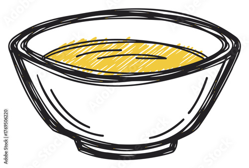 Black outline vector icon of a simple round bowl filled with a yellow liquid. minimalist line drawing for kitchen, cooking, and dining concepts.