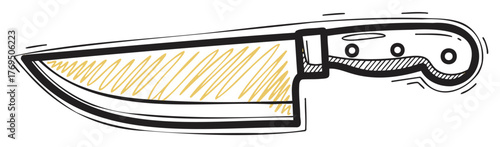 Hand-drawn sketch of a kitchen knife with a curved blade and wooden handle, depicting a classic culinary tool for cooking and food preparation.