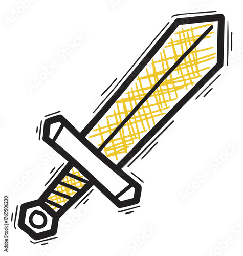 Cartoon-style medieval sword with a yellow crosshatched blade and simple black outline, featuring a hexagonal pommel and straight crossguard.