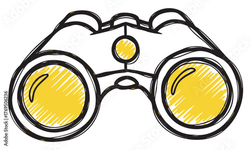 Black outline drawing of binoculars with yellow shading on the lenses, depicting an outdoor exploration and adventure theme.