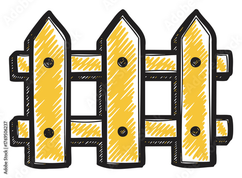 Hand-drawn sketch of a three-panel wooden picket fence with pointed tops and visible nails in a cartoon style.
