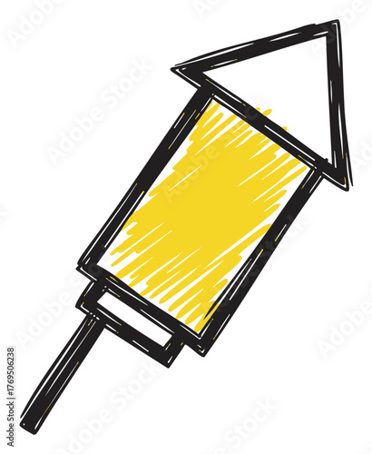 Black outline icon of a simple cartoonish firework rocket with a yellow body and triangular arrowhead tip pointing upwards.