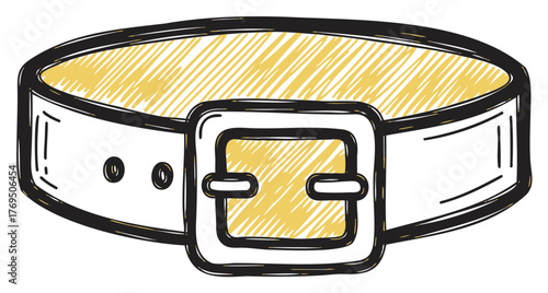 Simple black outline drawing of a wide belt with a large rectangular buckle and yellow shading, showing two visible holes for adjustment.