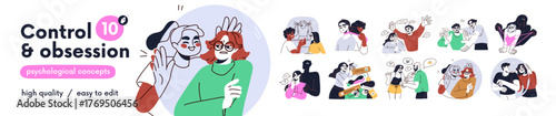 Unhealthy toxic relationship, psychology concept. Obsessive intrusive people set. Lack of boundaries, personal space, manipulation, control. Flat vector illustration isolated on white background.