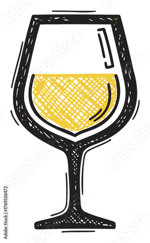 Black outline icon of a wine glass with a yellow liquid inside, showcasing a textured fill pattern. minimalist and artistic depiction for beverage and dining themes.