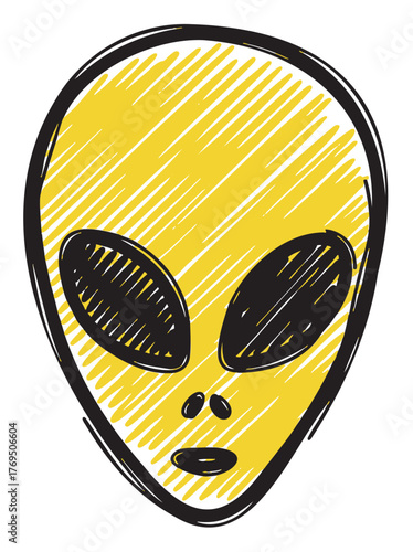 Hand-drawn alien head illustration with large black eyes and a textured yellow face, outlined in black.
