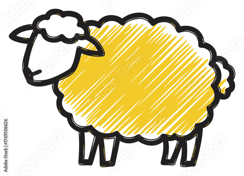 Hand-drawn sketch of a sheep with a bright yellow wooly body, outlined in black with simple details and a playful expression.