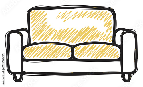 Black outline sketch of a comfortable two-seater sofa with yellow cushion details, representing indoor furniture style.