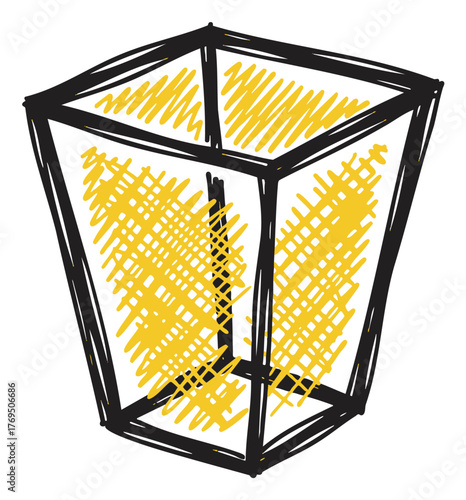 Hand-drawn black and yellow sketch of a geometric, three-dimensional cube with scribbled shading on each face.