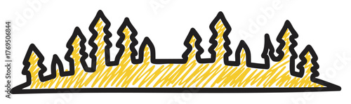 Stylized landscape of pointed pine trees drawn with bold black outlines and filled with a textured golden-yellow hatch pattern.