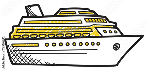 Colorful hand-drawn illustration of a large cruise ship with multiple decks and a chimney, highlighted with yellow accents.