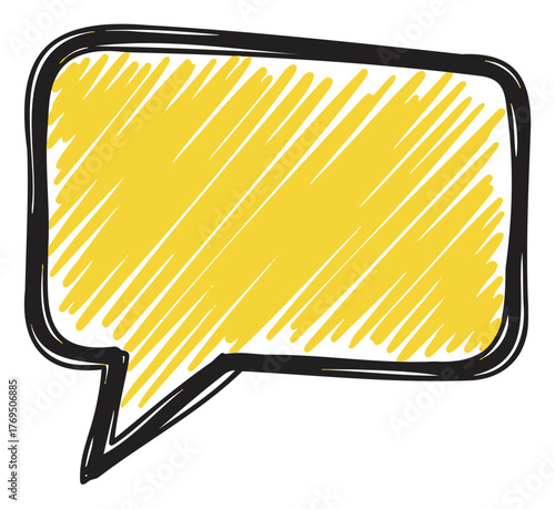 Hand-drawn speech bubble with a jagged black outline filled with diagonal yellow shading, resembling a comic-style graphic.