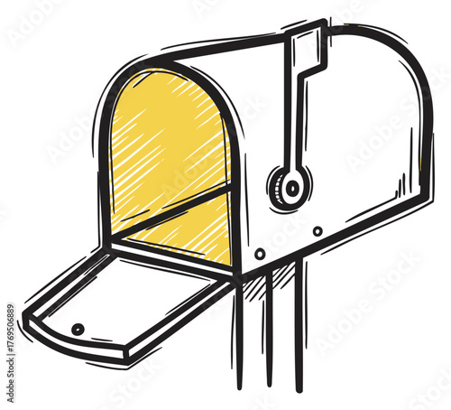 Black and white sketch of an open mailbox with a yellow interior and raised flag, representing mail delivery and communication.
