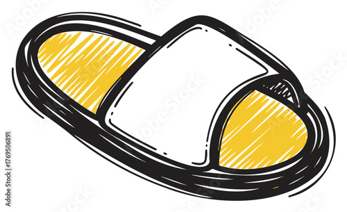 Hand-drawn slipper with a black outline and yellow insole, featuring a simple strap design, depicted with a sketch style.