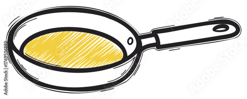 Black outline sketch of a frying pan with a hint of yellow, indicating something inside. simple linear design representing cooking and kitchen utensils.